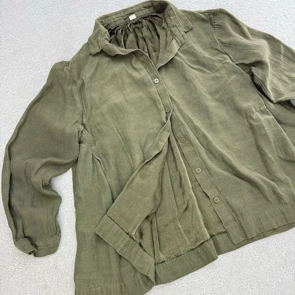 Runaway Bicycle Cotton Silk Poet Blouse Olive Handmade Size S/M $225 Lagenlook